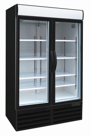 black vertical freezer with two doors and lightbox