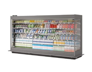 supermarket multideck open front cabinet for chilled foods on display.