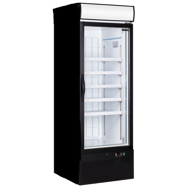 black vertical freezer with one door and lightbox