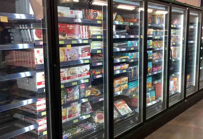 glass door freezers in grocery store