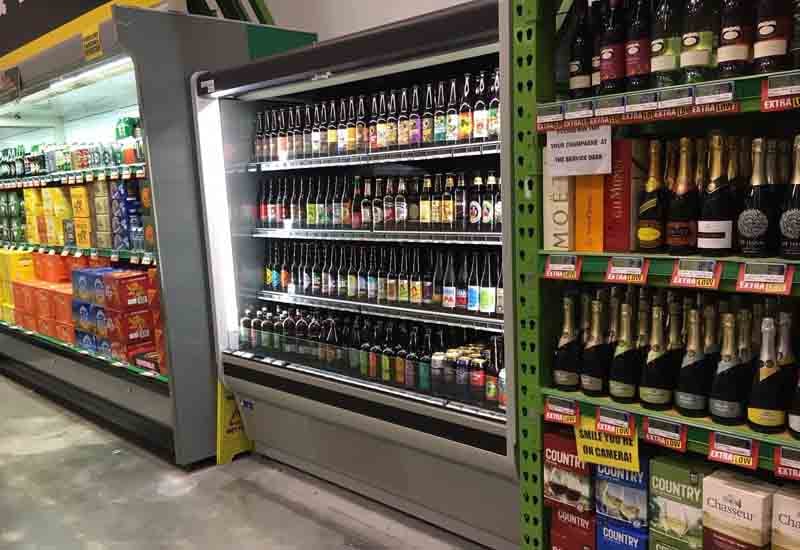 beer and wine display in supermarket