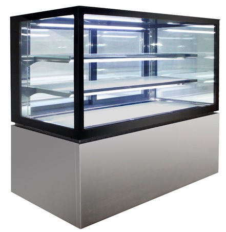 hot display case with glass and black brushed steel.